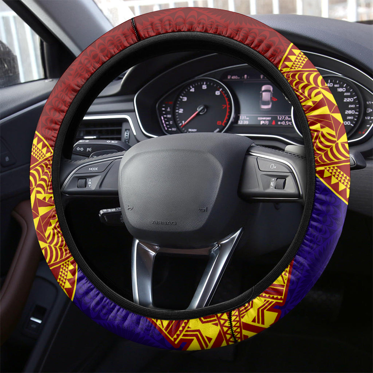 Kolisi Tonga Atele and Tupou College Toloa Steering Wheel Cover Ngatu and Polynesian Spiral Pattern