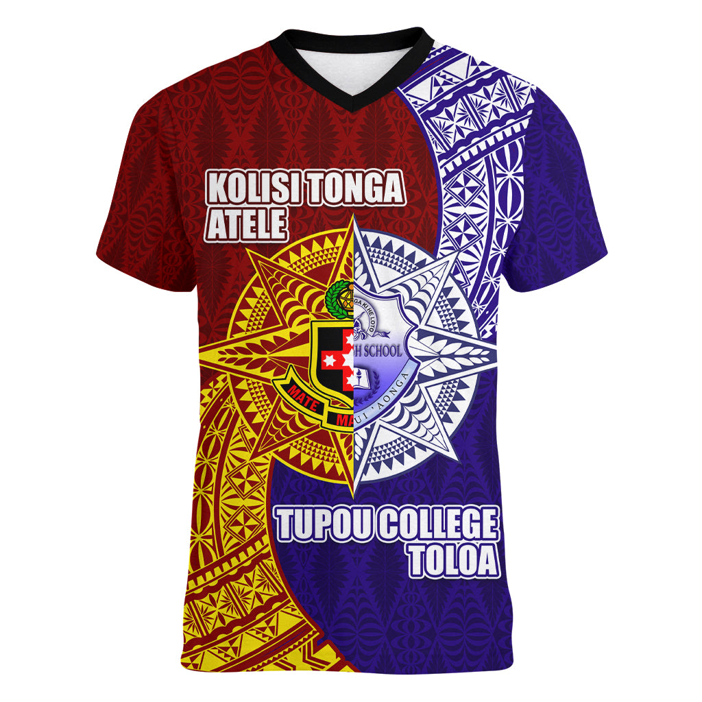 Kolisi Tonga Atele and Tupou College Toloa Women V-Neck T-Shirt Ngatu and Polynesian Spiral Pattern