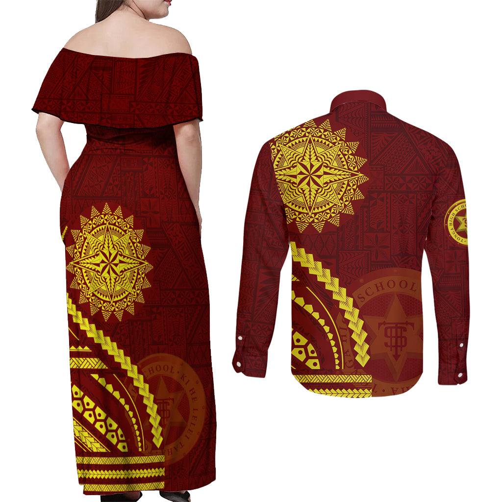 Tonga High School Couples Matching Off Shoulder Maxi Dress and Long Sleeve Button Shirt Ngatu and Polynesian Pattern