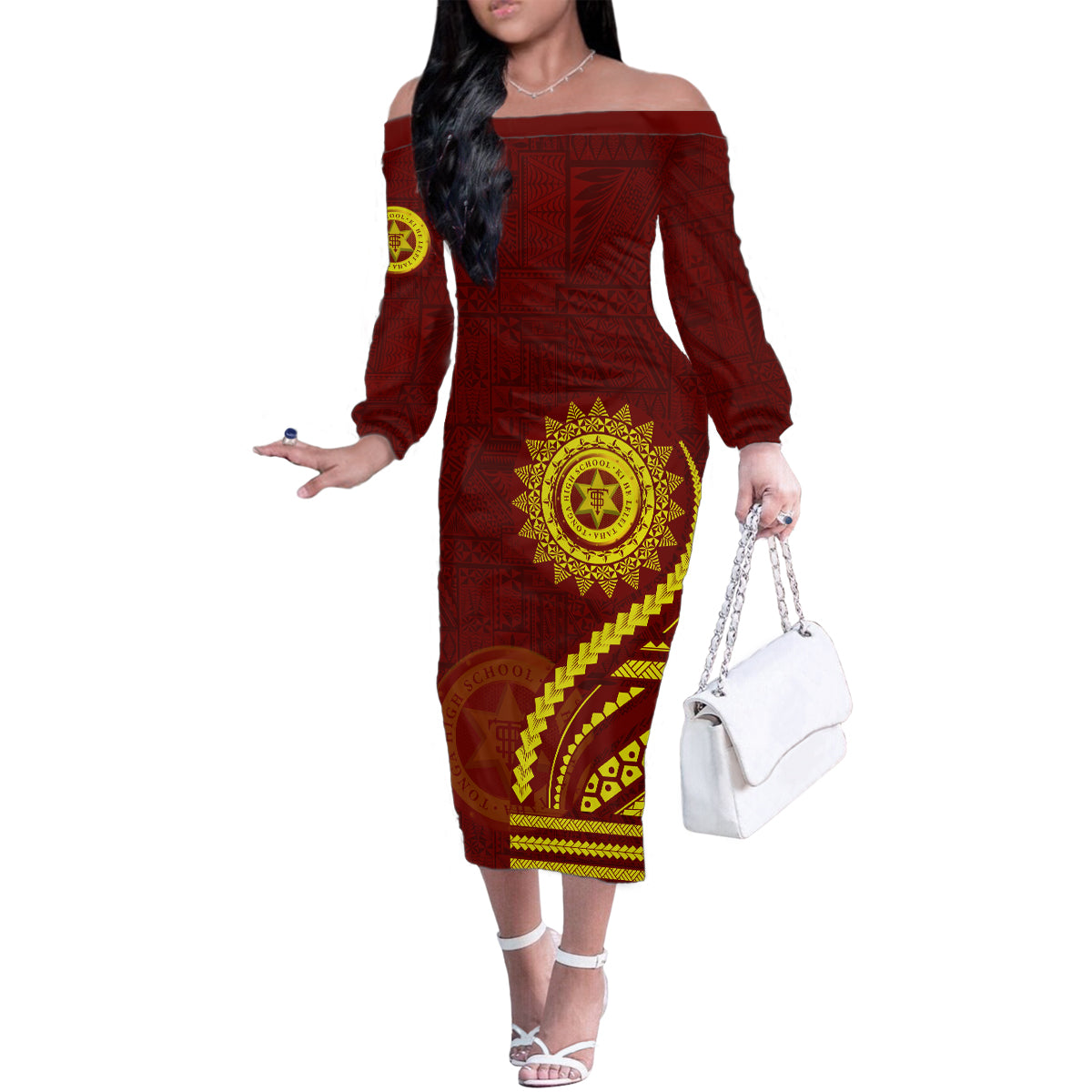 Tonga High School Family Matching Off The Shoulder Long Sleeve Dress and Hawaiian Shirt Ngatu and Polynesian Pattern