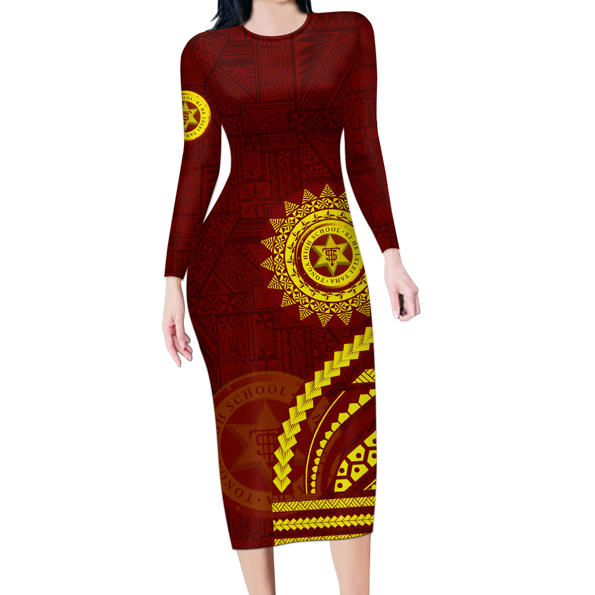Tonga High School Long Sleeve Bodycon Dress Ngatu and Polynesian Pattern LT03 Long Dress Red - Polynesian Pride