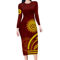 Tonga High School Long Sleeve Bodycon Dress Ngatu and Polynesian Pattern LT03 Long Dress Red - Polynesian Pride