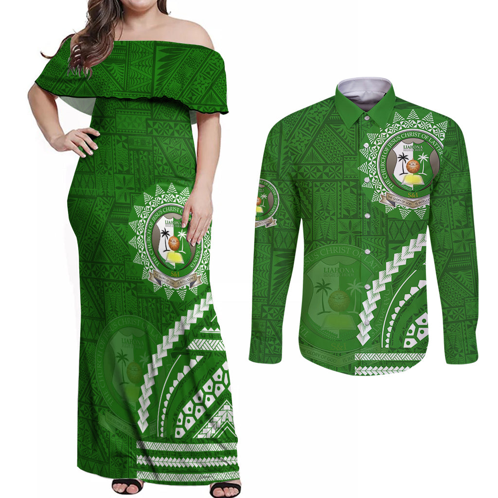 Liahona High School Couples Matching Off Shoulder Maxi Dress and Long Sleeve Button Shirt Ngatu and Polynesian Pattern LT03 Green - Polynesian Pride