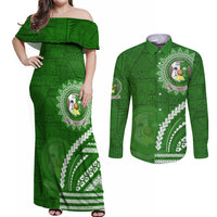 Liahona High School Couples Matching Off Shoulder Maxi Dress and Long Sleeve Button Shirt Ngatu and Polynesian Pattern LT03 Green - Polynesian Pride