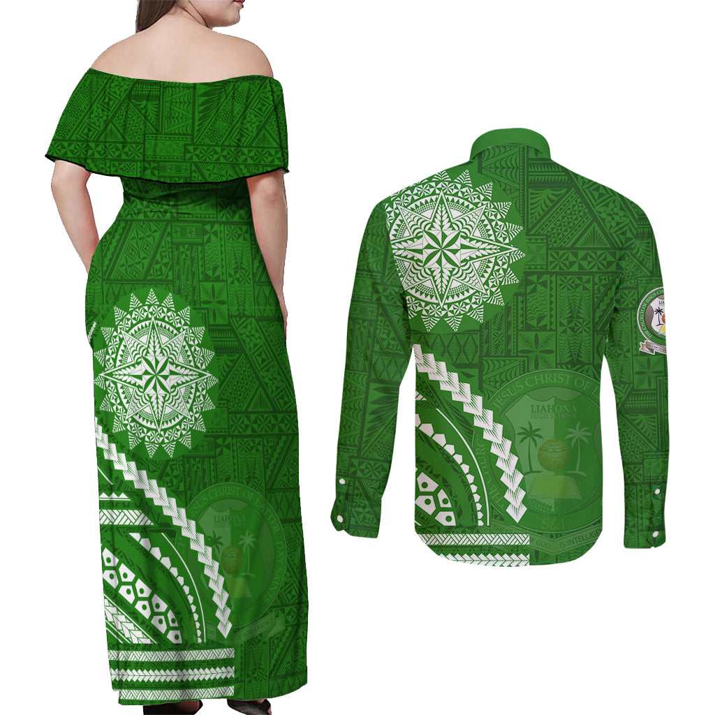 Liahona High School Couples Matching Off Shoulder Maxi Dress and Long Sleeve Button Shirt Ngatu and Polynesian Pattern LT03 - Polynesian Pride