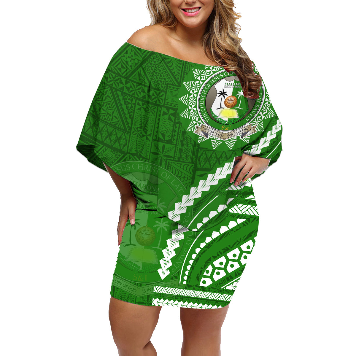 Liahona High School Family Matching Off Shoulder Short Dress and Hawaiian Shirt Ngatu and Polynesian Pattern