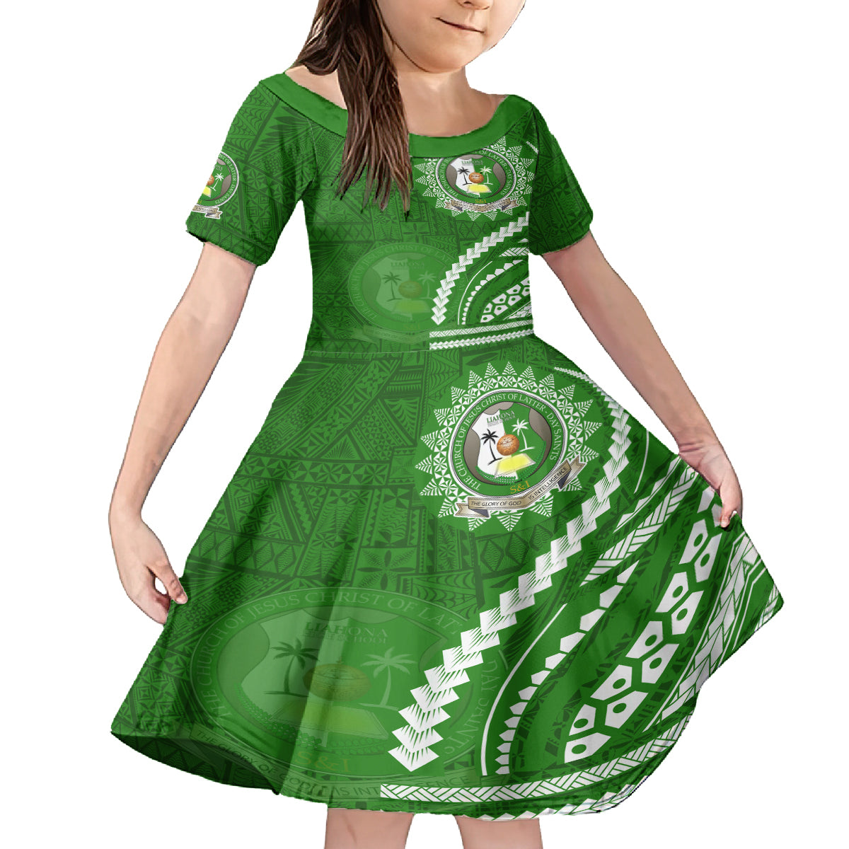 Liahona High School Kid Short Sleeve Dress Ngatu and Polynesian Pattern LT03 KID Green - Polynesian Pride