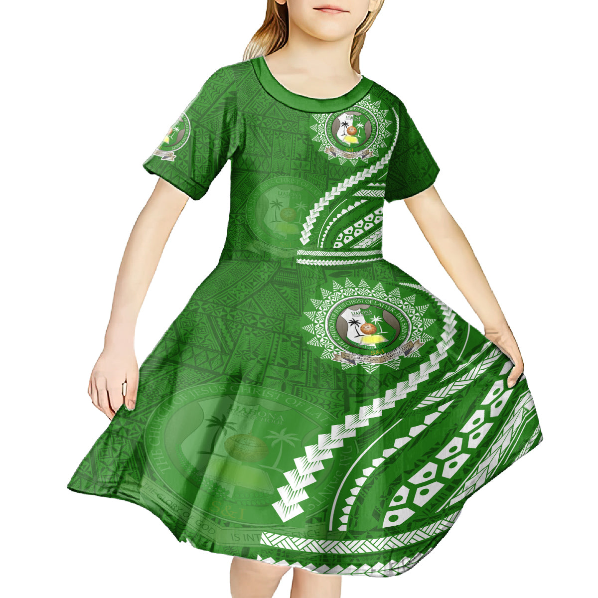 Liahona High School Kid Short Sleeve Dress Ngatu and Polynesian Pattern LT03 - Polynesian Pride