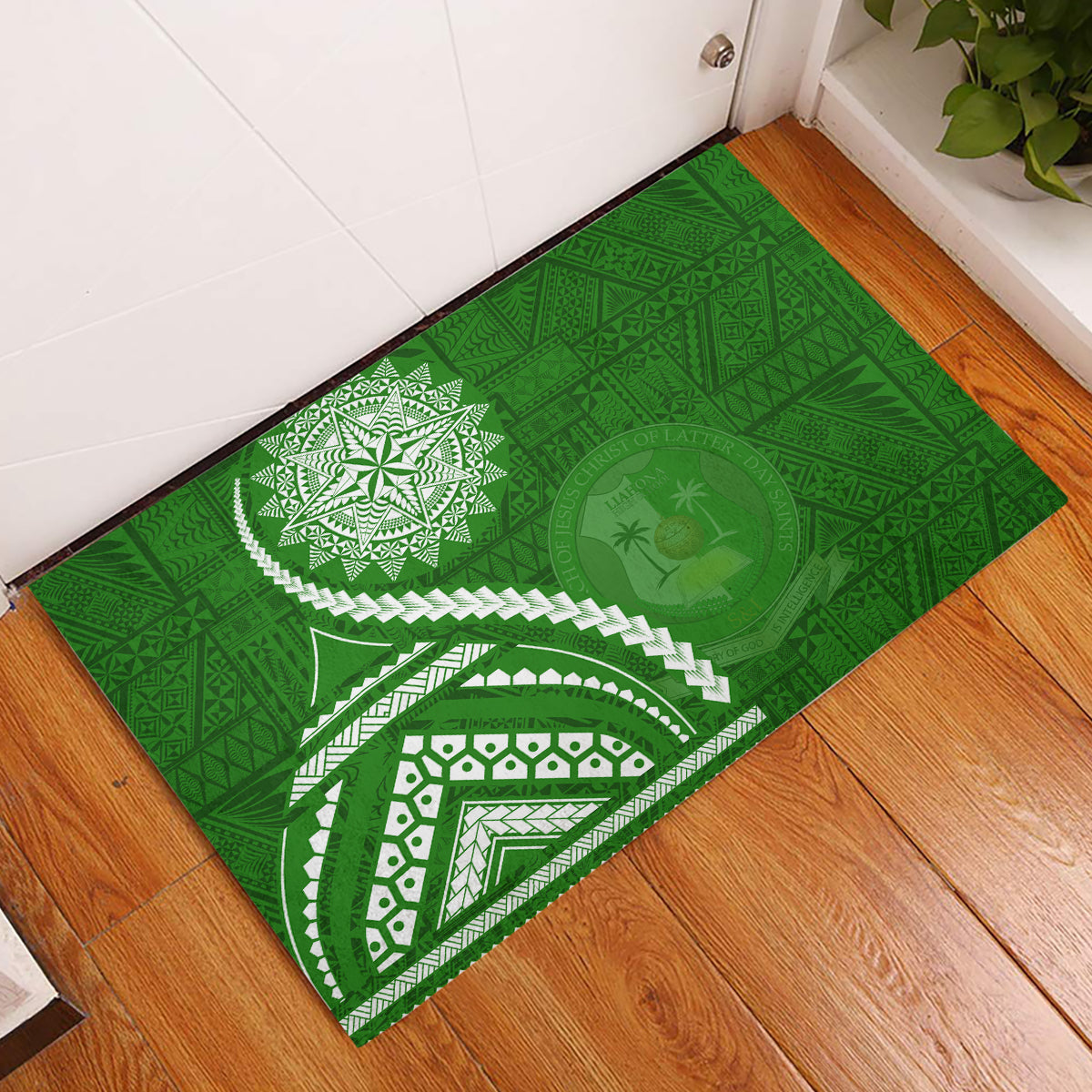 Liahona High School Rubber Doormat Ngatu and Polynesian Pattern LT03 Green - Polynesian Pride