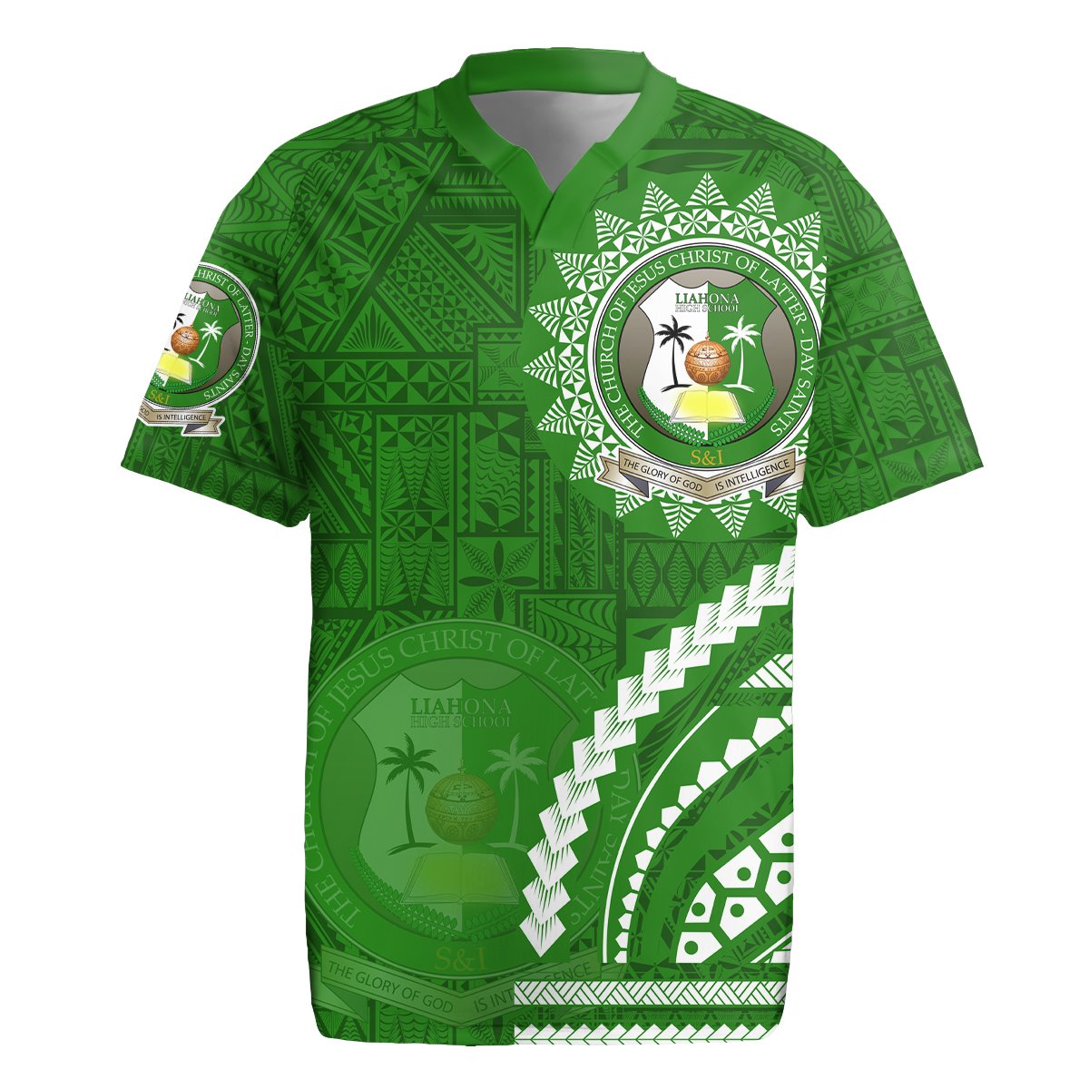 Liahona High School Rugby Jersey Ngatu and Polynesian Pattern LT03 Green - Polynesian Pride