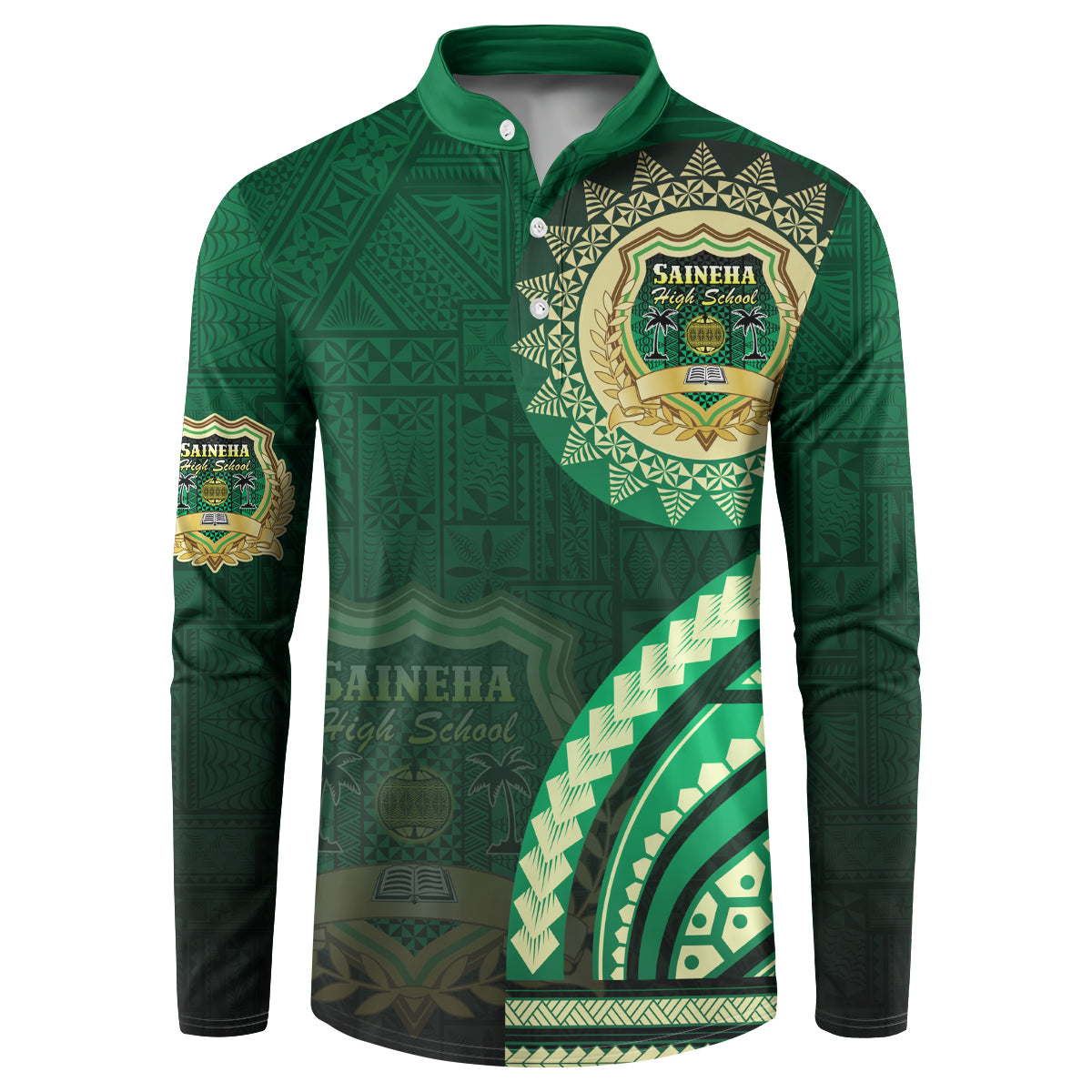 Saineha High School Button Sweatshirt Ngatu and Polynesian Pattern LT03 Green - Polynesian Pride
