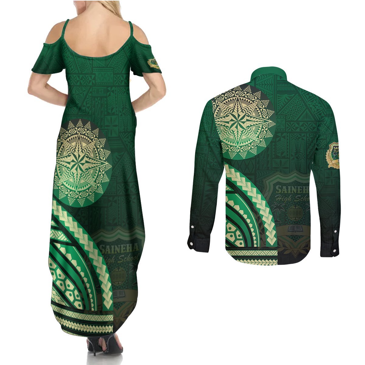 Saineha High School Couples Matching Summer Maxi Dress and Long Sleeve Button Shirt Ngatu and Polynesian Pattern LT03 - Polynesian Pride