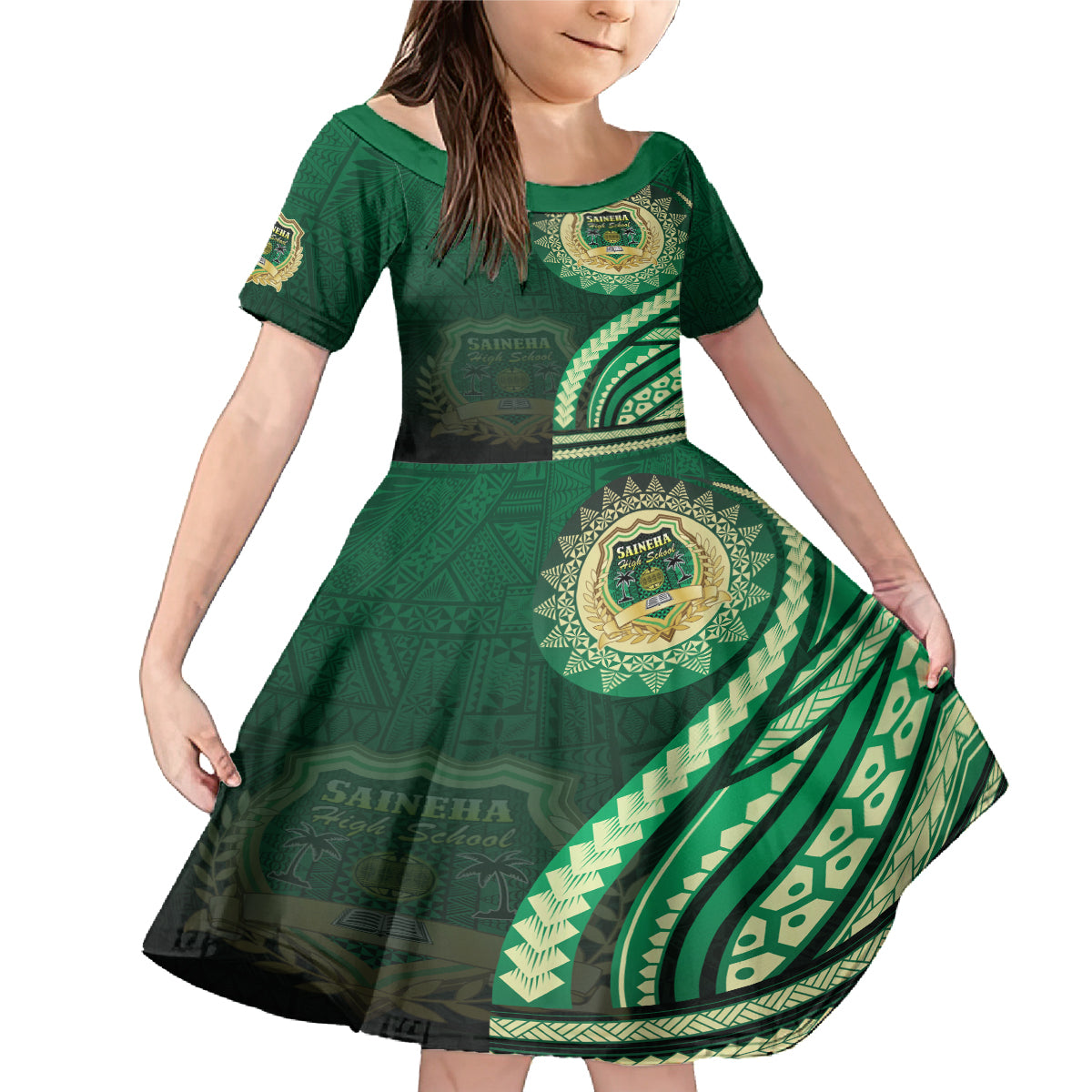 Saineha High School Family Matching Mermaid Dress and Hawaiian Shirt Ngatu and Polynesian Pattern LT03 Daughter's Dress Green - Polynesian Pride