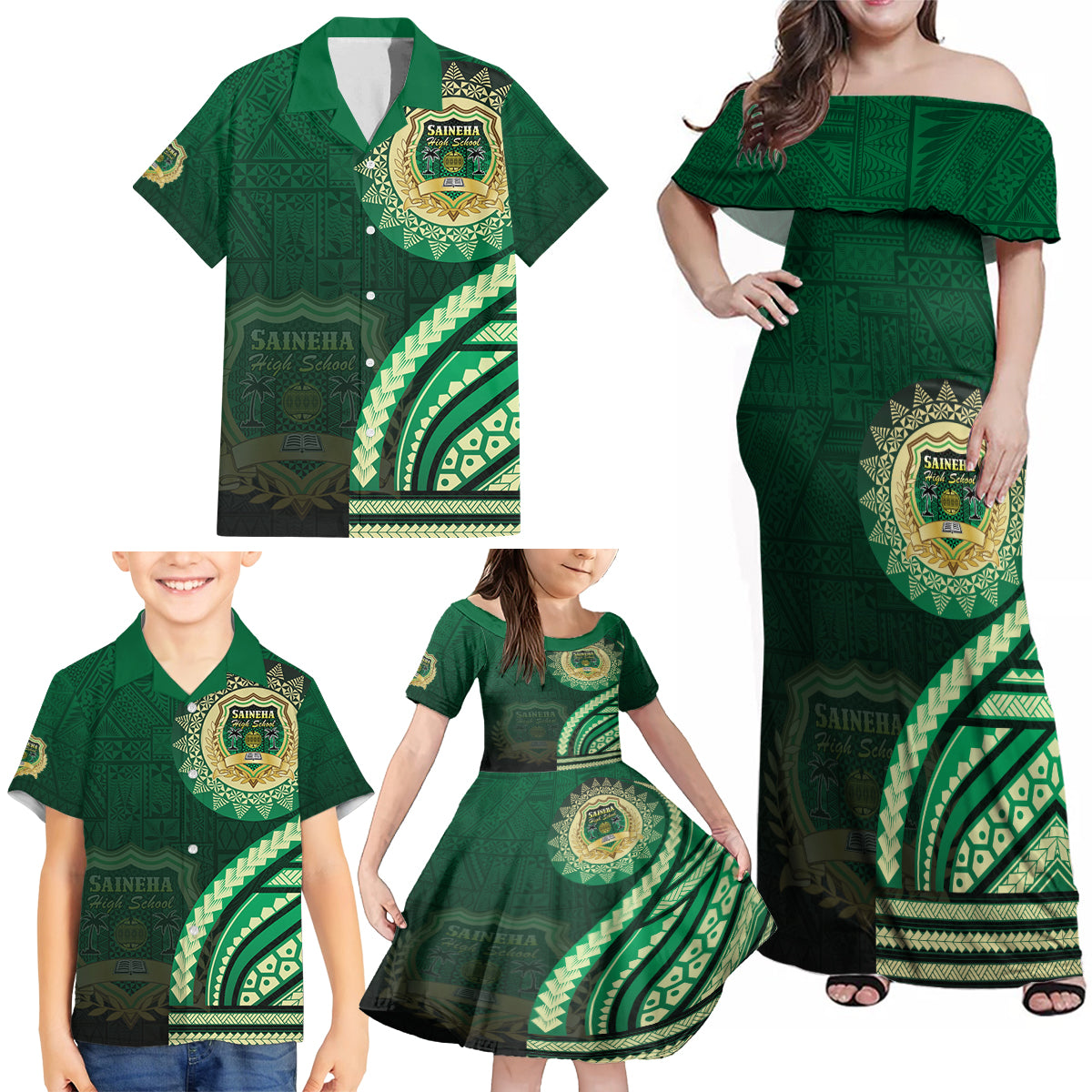 Saineha High School Family Matching Off Shoulder Maxi Dress and Hawaiian Shirt Ngatu and Polynesian Pattern LT03 - Polynesian Pride
