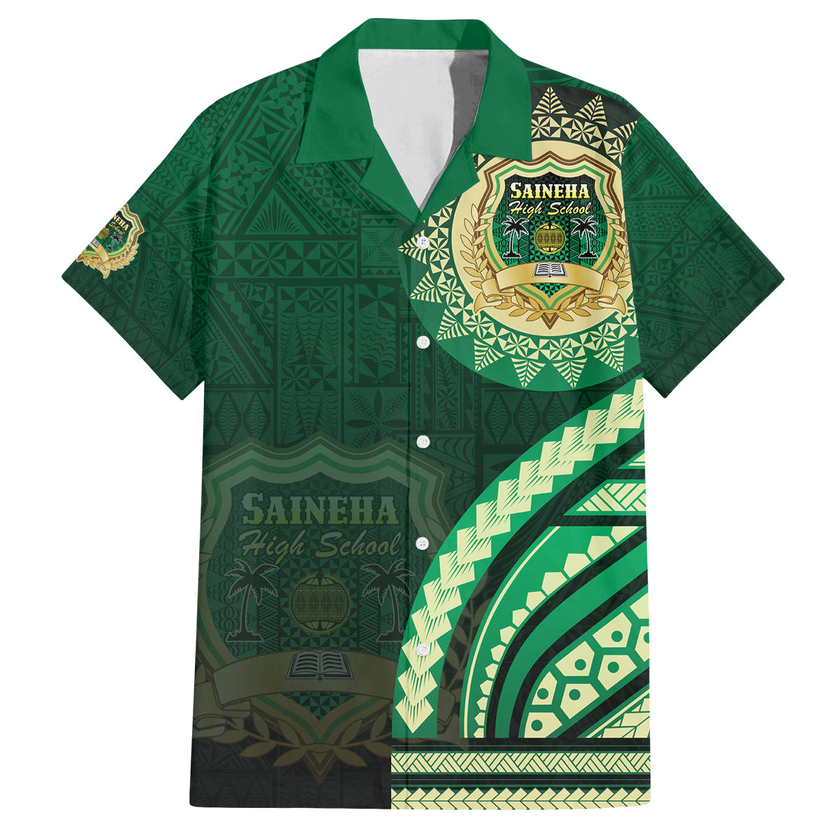 Saineha High School Family Matching Off Shoulder Maxi Dress and Hawaiian Shirt Ngatu and Polynesian Pattern LT03 Dad's Shirt - Short Sleeve Green - Polynesian Pride