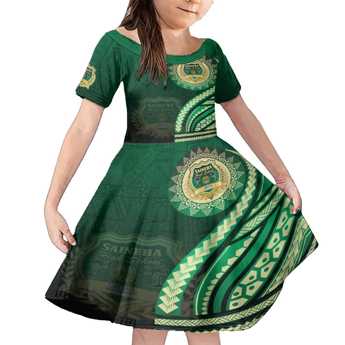 Saineha High School Family Matching Tank Maxi Dress and Hawaiian Shirt Ngatu and Polynesian Pattern LT03 Daughter's Dress Green - Polynesian Pride