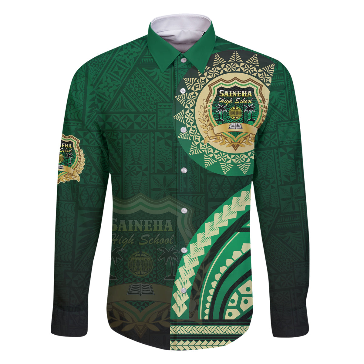 Saineha High School Family Matching Tank Maxi Dress and Hawaiian Shirt Ngatu and Polynesian Pattern LT03 Dad's Shirt - Long Sleeve Green - Polynesian Pride