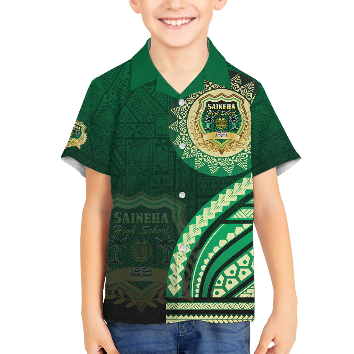 Saineha High School Family Matching Tank Maxi Dress and Hawaiian Shirt Ngatu and Polynesian Pattern LT03 Son's Shirt Green - Polynesian Pride