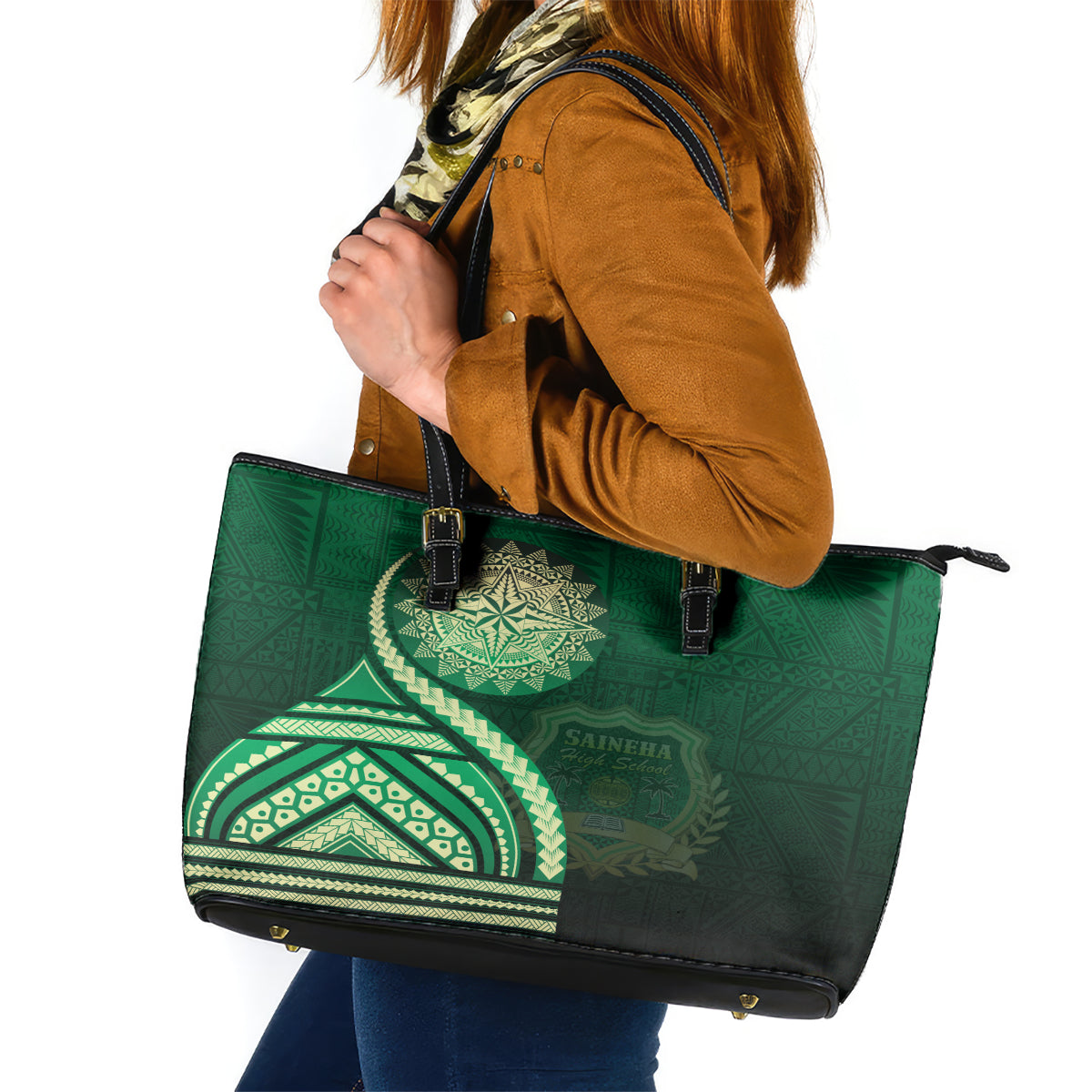 Saineha High School Leather Tote Bag Ngatu and Polynesian Pattern LT03 Green - Polynesian Pride