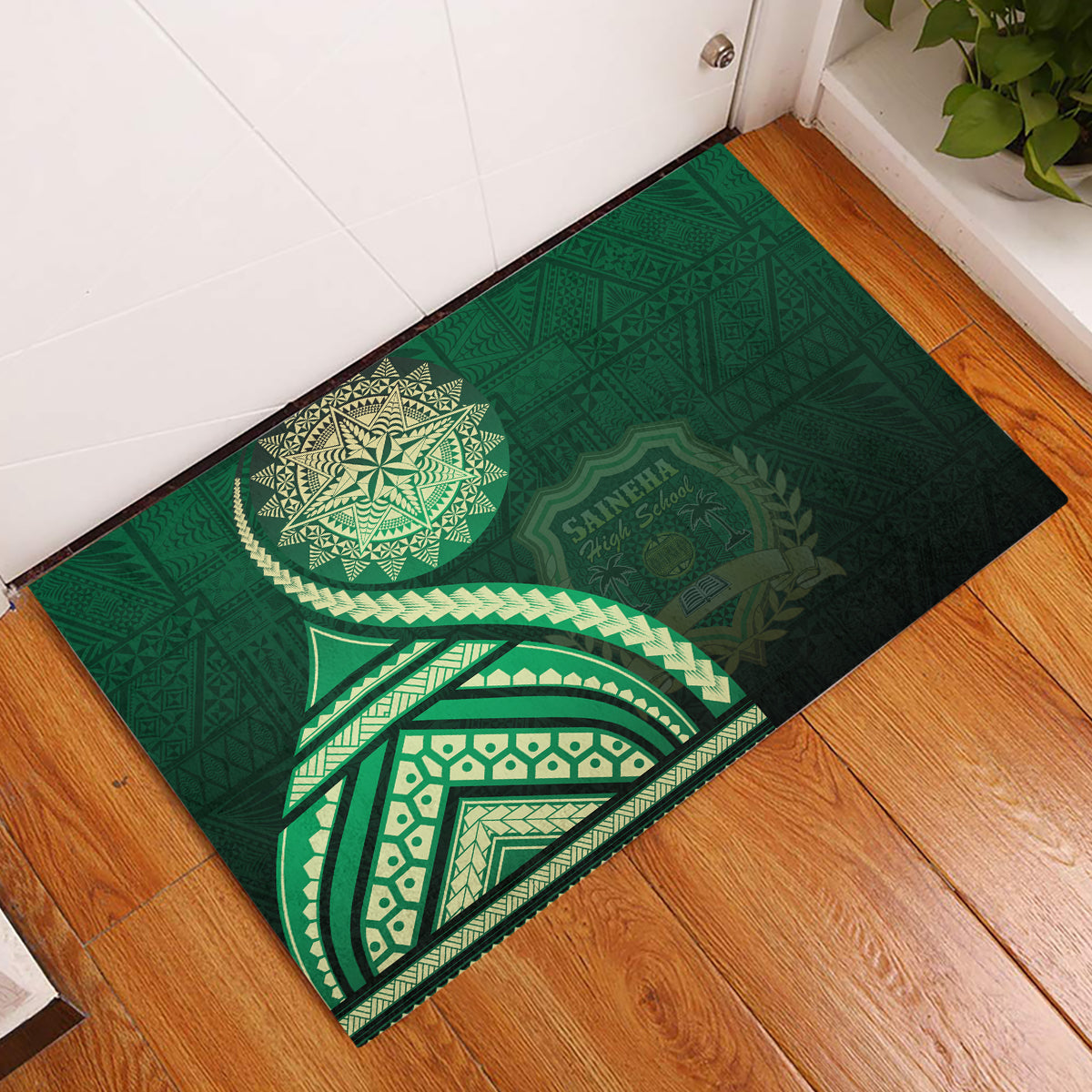 Saineha High School Rubber Doormat Ngatu and Polynesian Pattern LT03 Green - Polynesian Pride