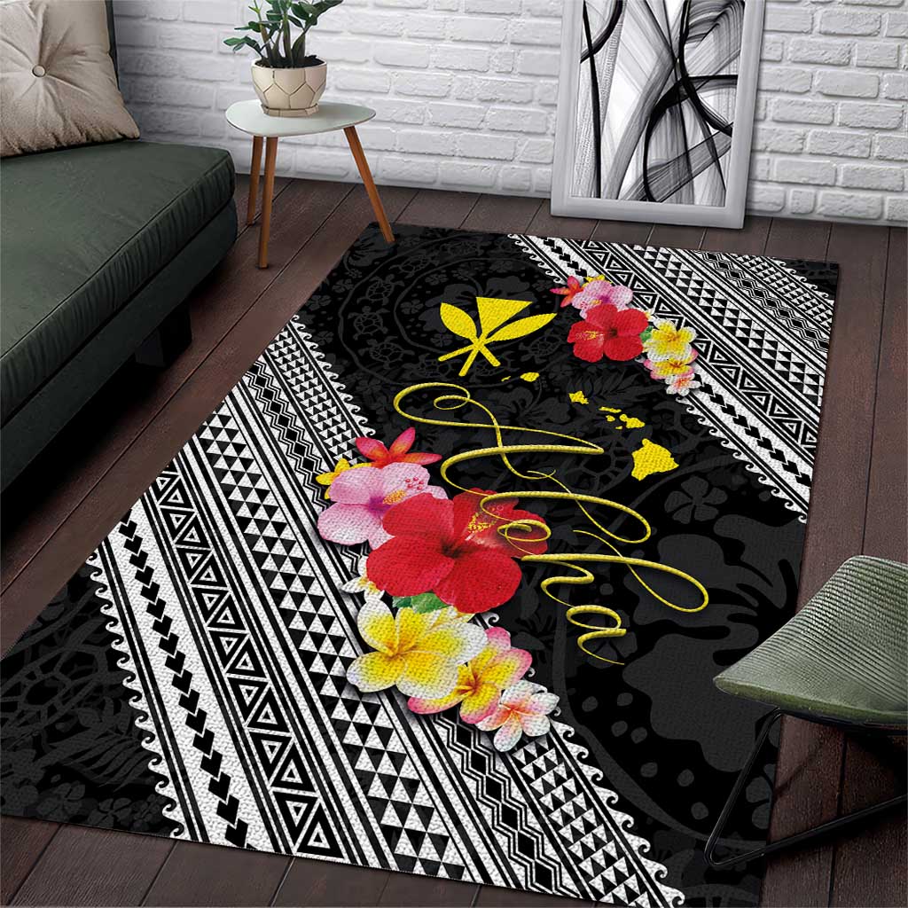 Aloha Hawaii Hibiscus and Plumeria Flowers Area Rug Kanaka Maoli Tattoo Polynesian Pattern