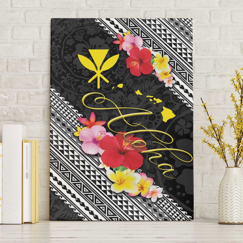 Aloha Hawaii Hibiscus and Plumeria Flowers Canvas Wall Art Kanaka Maoli Tattoo Polynesian Pattern