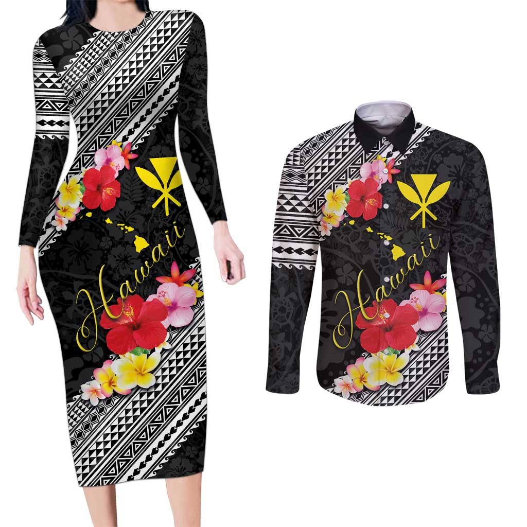 Aloha Hawaii Hibiscus and Plumeria Flowers Couples Matching Long Sleeve Bodycon Dress and Long Sleeve Button Shirt Kanaka Maoli Tattoo Polynesian Pattern