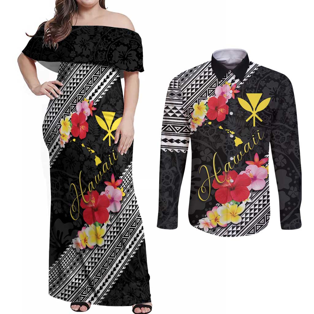 Aloha Hawaii Hibiscus and Plumeria Flowers Couples Matching Off Shoulder Maxi Dress and Long Sleeve Button Shirt Kanaka Maoli Tattoo Polynesian Pattern