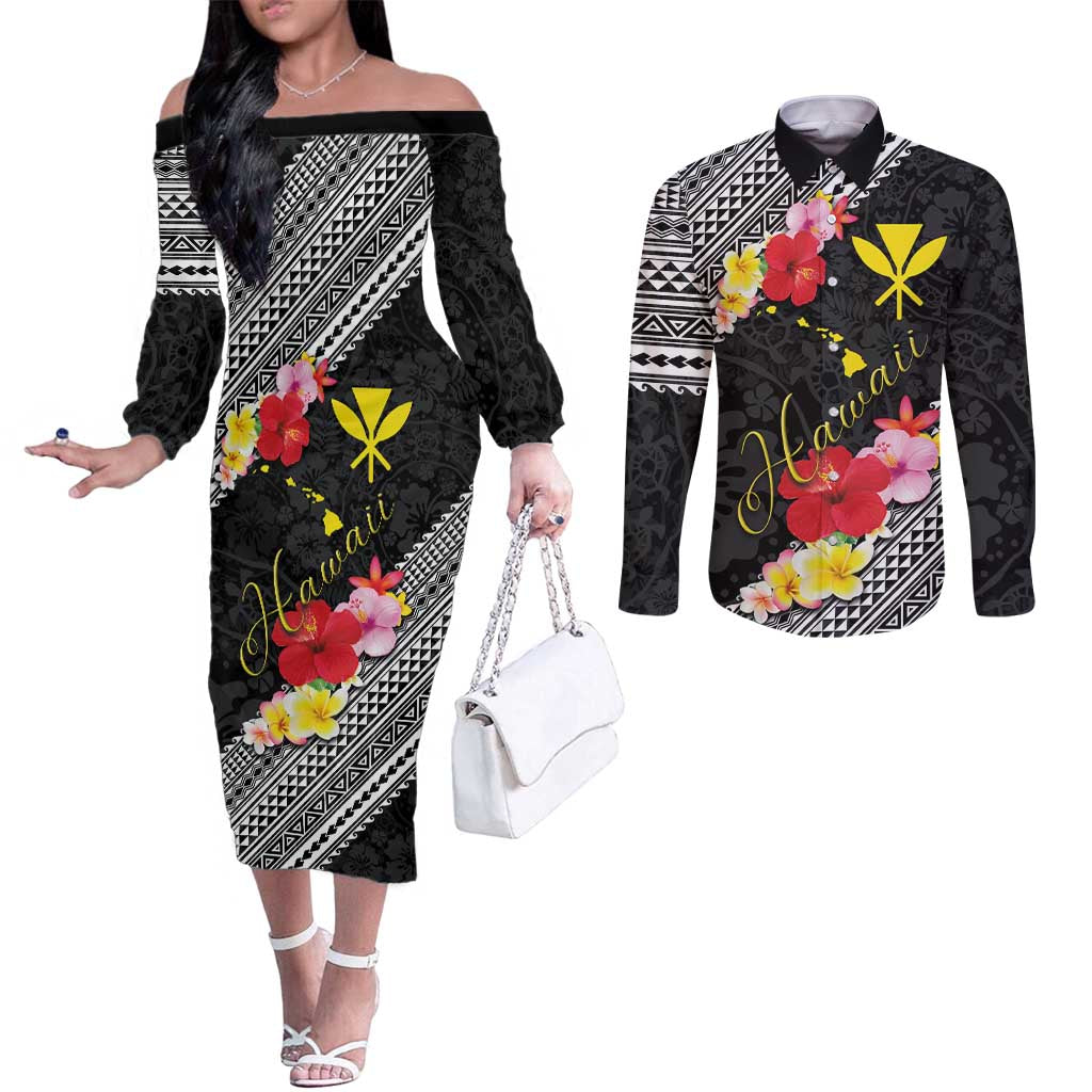 Aloha Hawaii Hibiscus and Plumeria Flowers Couples Matching Off The Shoulder Long Sleeve Dress and Long Sleeve Button Shirt Kanaka Maoli Tattoo Polynesian Pattern