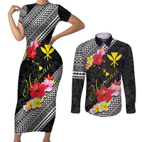 Aloha Hawaii Hibiscus and Plumeria Flowers Couples Matching Short Sleeve Bodycon Dress and Long Sleeve Button Shirt Kanaka Maoli Tattoo Polynesian Pattern