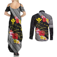 Aloha Hawaii Hibiscus and Plumeria Flowers Couples Matching Summer Maxi Dress and Long Sleeve Button Shirt Kanaka Maoli Tattoo Polynesian Pattern