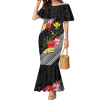 Aloha Hawaii Hibiscus and Plumeria Flowers Family Matching Mermaid Dress and Hawaiian Shirt Kanaka Maoli Tattoo Polynesian Pattern
