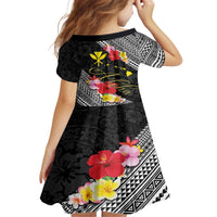Aloha Hawaii Hibiscus and Plumeria Flowers Family Matching Off The Shoulder Long Sleeve Dress and Hawaiian Shirt Kanaka Maoli Tattoo Polynesian Pattern