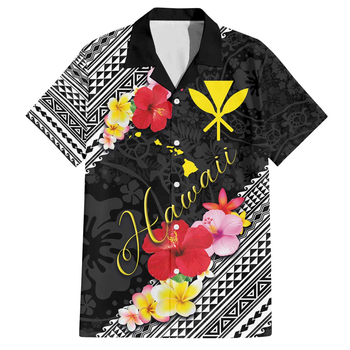 Aloha Hawaii Hibiscus and Plumeria Flowers Family Matching Puletasi and Hawaiian Shirt Kanaka Maoli Tattoo Polynesian Pattern LT03 Dad's Shirt - Short Sleeve Black - Polynesian Pride
