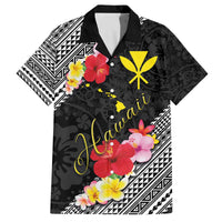 Aloha Hawaii Hibiscus and Plumeria Flowers Family Matching Puletasi and Hawaiian Shirt Kanaka Maoli Tattoo Polynesian Pattern LT03 Dad's Shirt - Short Sleeve Black - Polynesian Pride