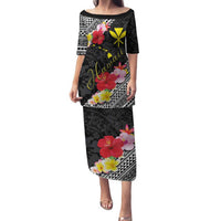 Aloha Hawaii Hibiscus and Plumeria Flowers Family Matching Puletasi and Hawaiian Shirt Kanaka Maoli Tattoo Polynesian Pattern LT03 Mom's Dress Black - Polynesian Pride