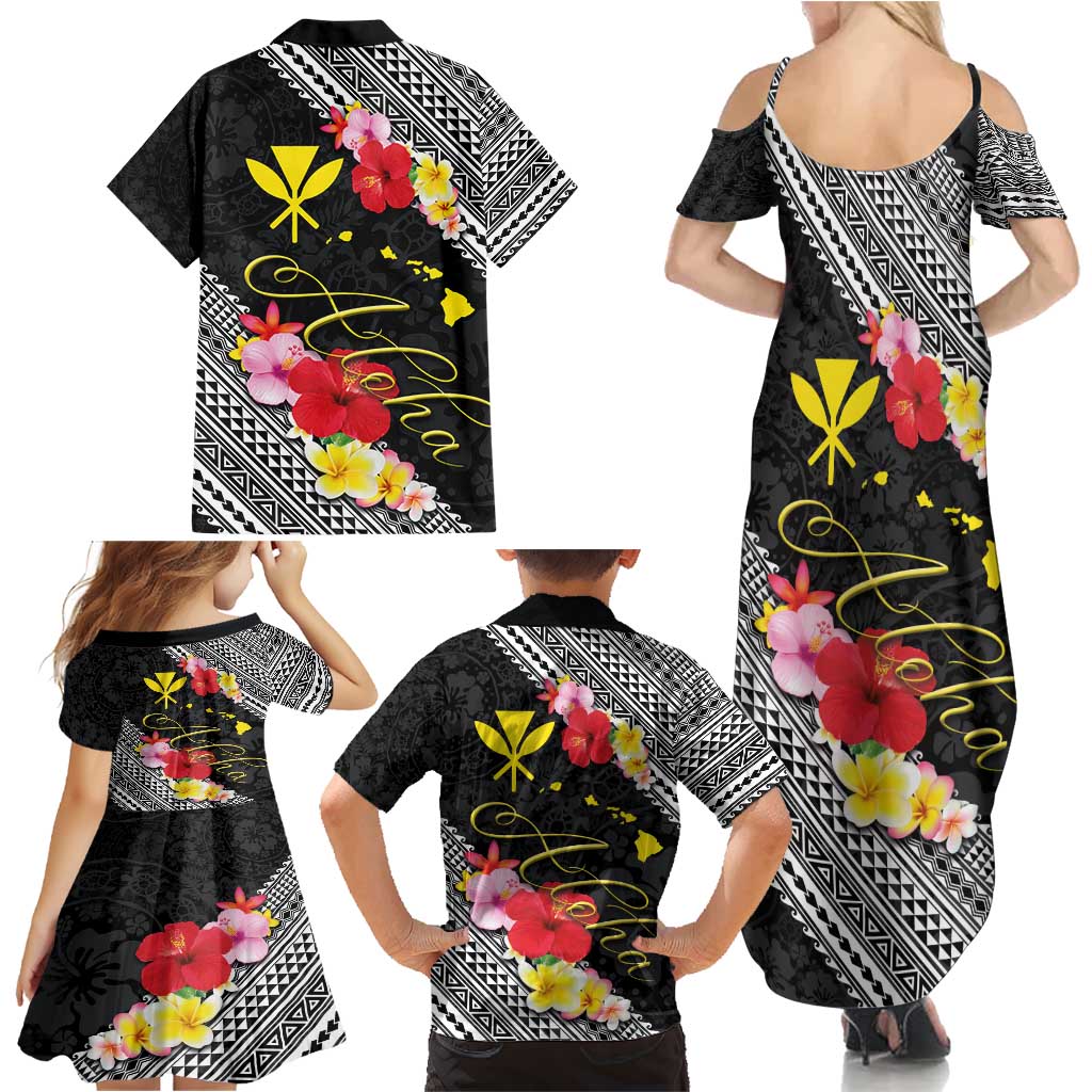 Aloha Hawaii Hibiscus and Plumeria Flowers Family Matching Summer Maxi Dress and Hawaiian Shirt Kanaka Maoli Tattoo Polynesian Pattern