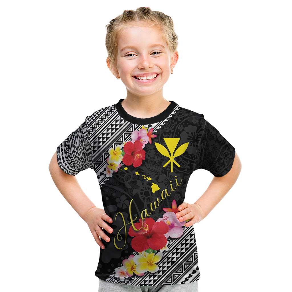 Aloha Hawaii Hibiscus and Plumeria Flowers Kid T Shirt Kanaka Maoli Tattoo Polynesian Pattern LT03 Black - Polynesian Pride