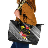 Aloha Hawaii Hibiscus and Plumeria Flowers Leather Tote Bag Kanaka Maoli Tattoo Polynesian Pattern LT03 Black - Polynesian Pride