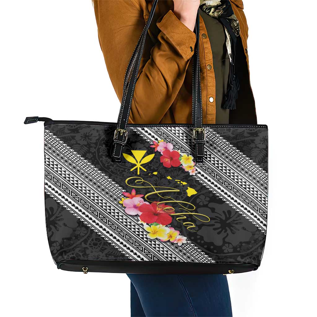 Aloha Hawaii Hibiscus and Plumeria Flowers Leather Tote Bag Kanaka Maoli Tattoo Polynesian Pattern LT03 - Polynesian Pride
