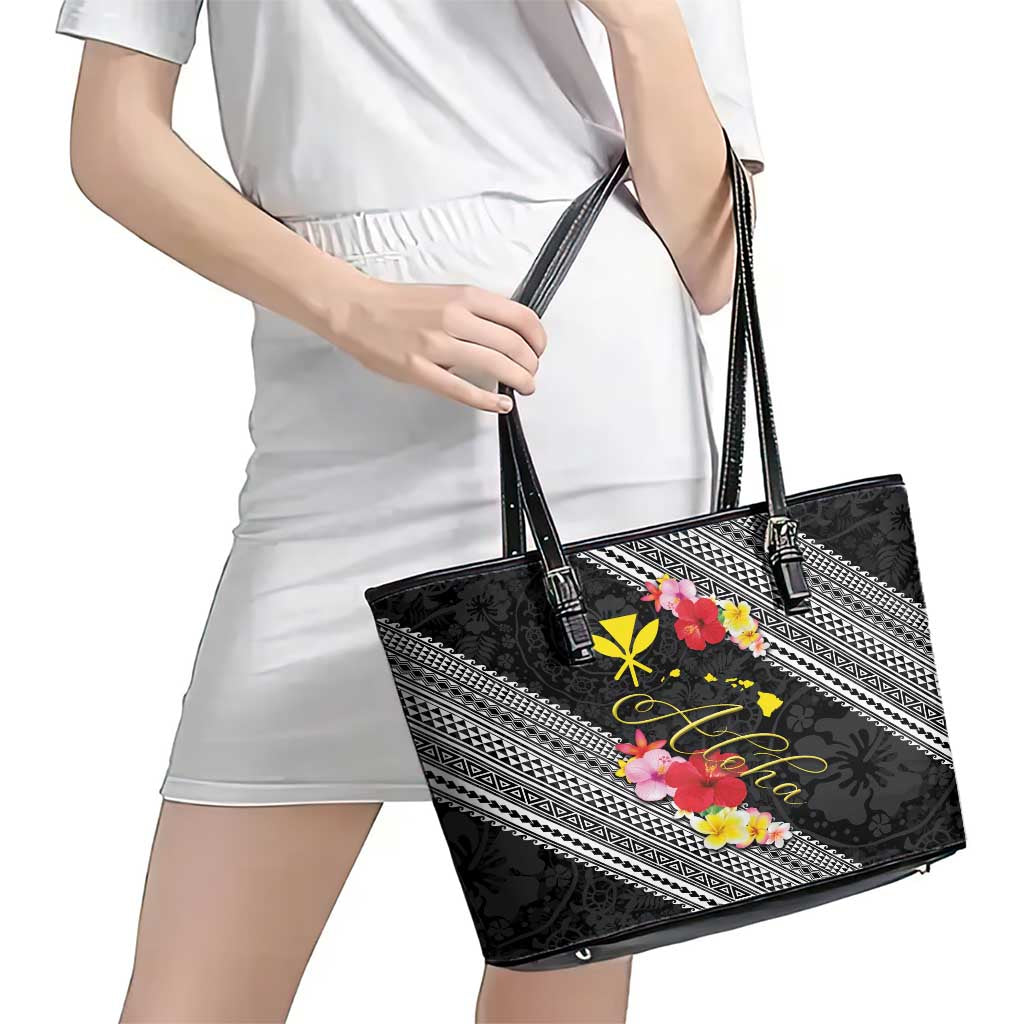 Aloha Hawaii Hibiscus and Plumeria Flowers Leather Tote Bag Kanaka Maoli Tattoo Polynesian Pattern LT03 - Polynesian Pride