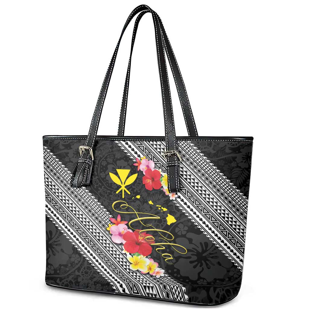 Aloha Hawaii Hibiscus and Plumeria Flowers Leather Tote Bag Kanaka Maoli Tattoo Polynesian Pattern LT03 - Polynesian Pride
