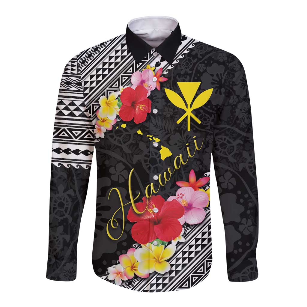 Aloha Hawaii Hibiscus and Plumeria Flowers Long Sleeve Button Shirt Kanaka Maoli Tattoo Polynesian Pattern