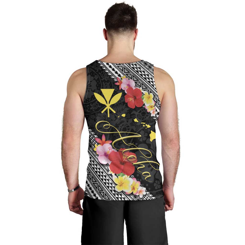 Aloha Hawaii Hibiscus and Plumeria Flowers Men Tank Top Kanaka Maoli Tattoo Polynesian Pattern