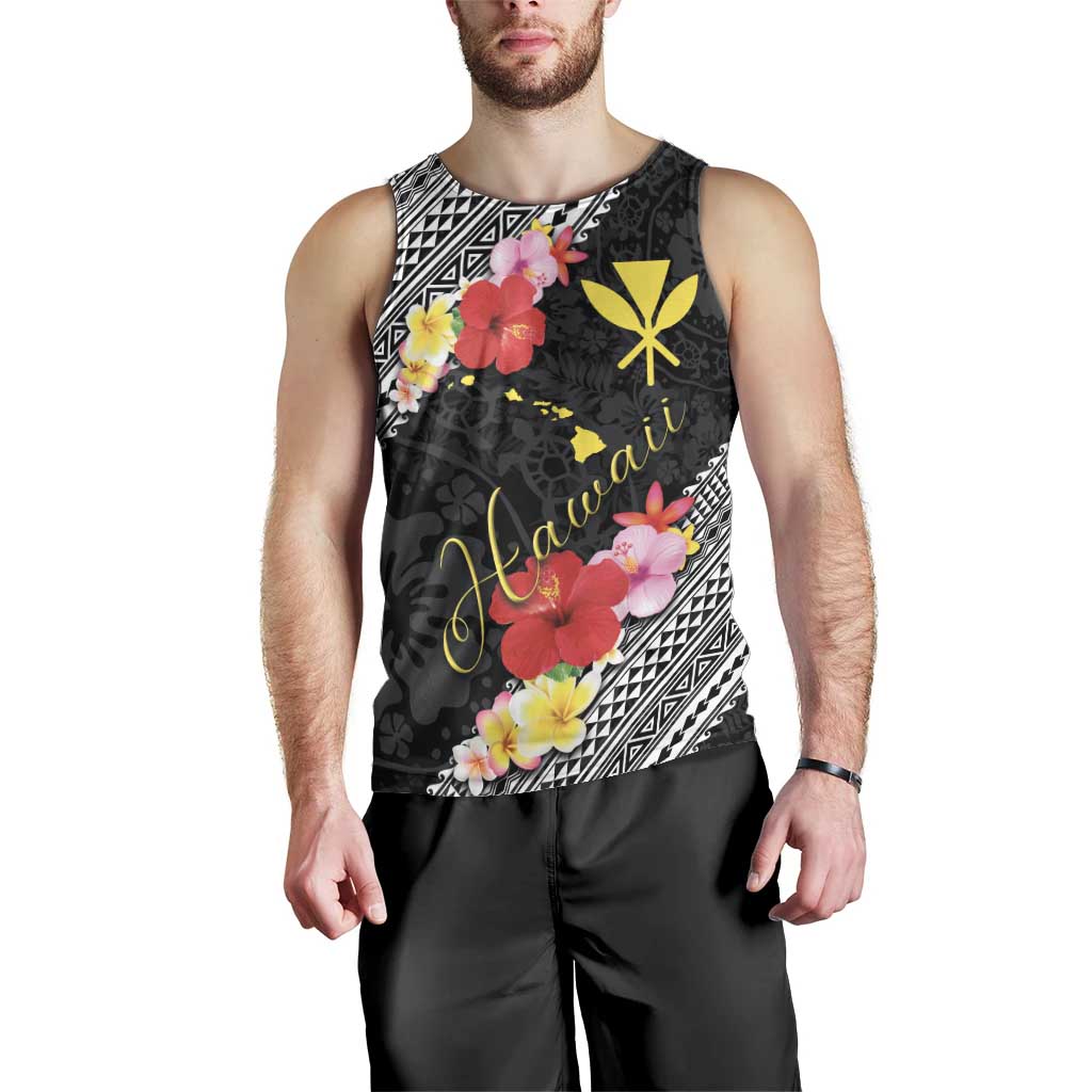 Aloha Hawaii Hibiscus and Plumeria Flowers Men Tank Top Kanaka Maoli Tattoo Polynesian Pattern