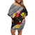 Aloha Hawaii Hibiscus and Plumeria Flowers Off Shoulder Short Dress Kanaka Maoli Tattoo Polynesian Pattern