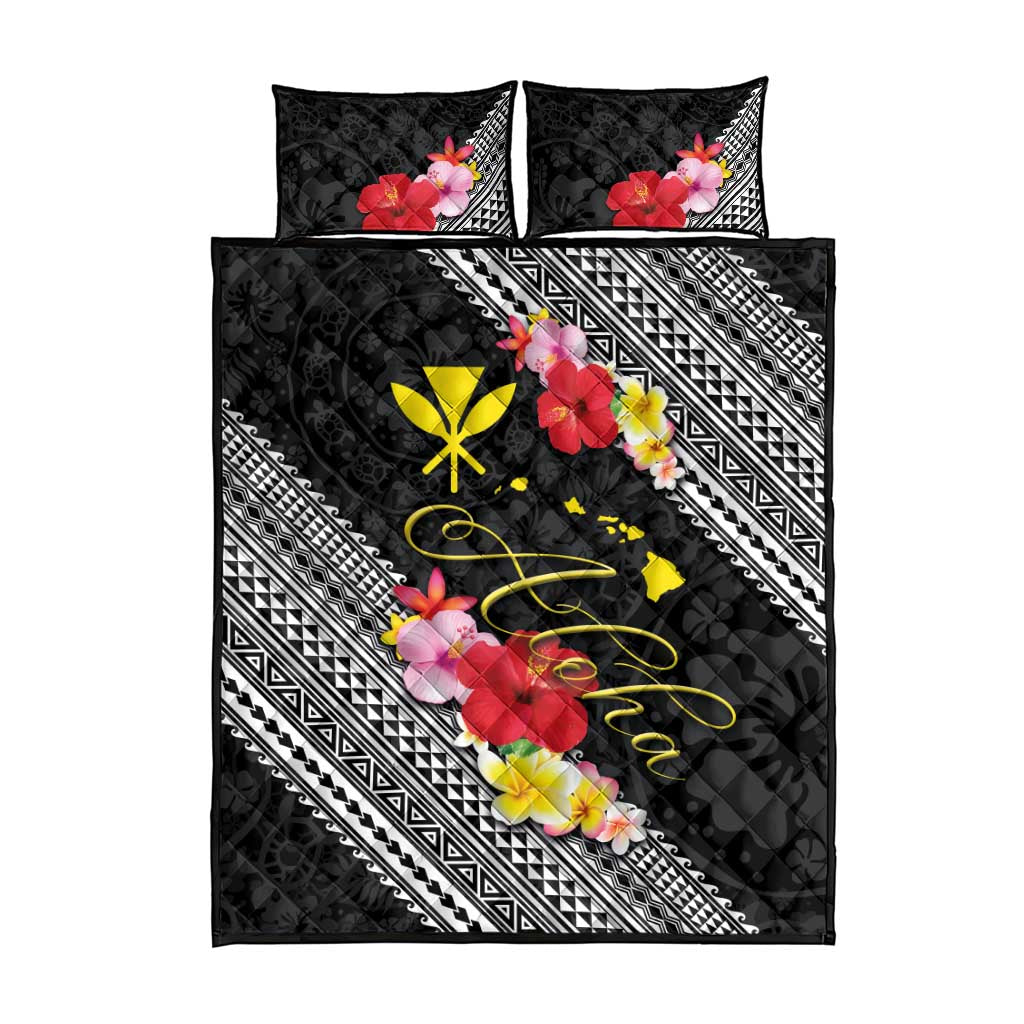 Aloha Hawaii Hibiscus and Plumeria Flowers Quilt Bed Set Kanaka Maoli Tattoo Polynesian Pattern