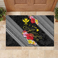 Aloha Hawaii Hibiscus and Plumeria Flowers Rubber Doormat Kanaka Maoli Tattoo Polynesian Pattern LT03 Black - Polynesian Pride