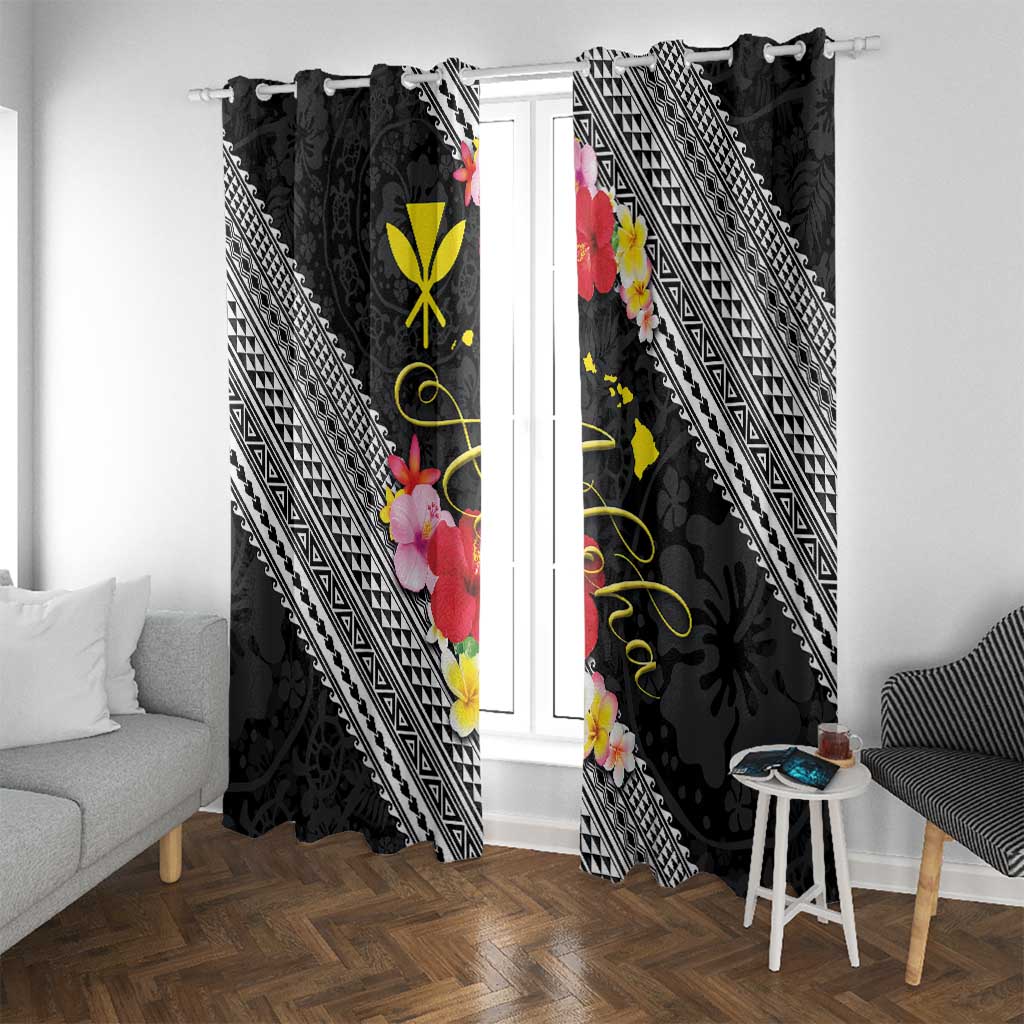 Aloha Hawaii Hibiscus and Plumeria Flowers Window Curtain Kanaka Maoli Tattoo Polynesian Pattern