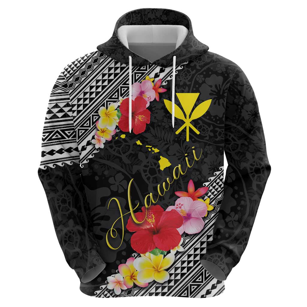 Aloha Hawaii Hibiscus and Plumeria Flowers Zip Hoodie Kanaka Maoli Tattoo Polynesian Pattern